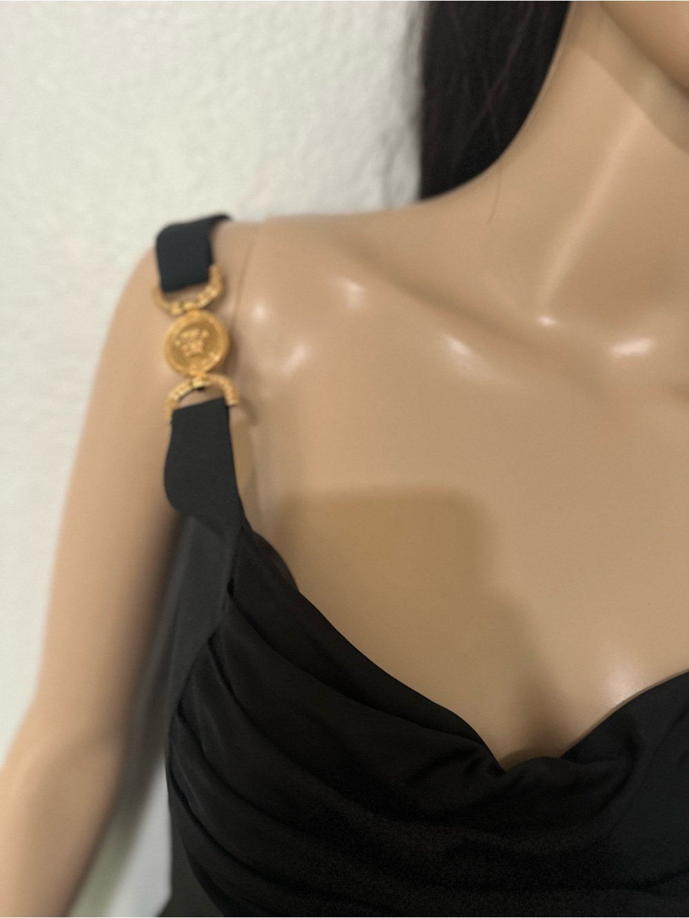 Versace Black One-Shoulder Draped Mini Dress with Gold Accent - Picture 11 of 12